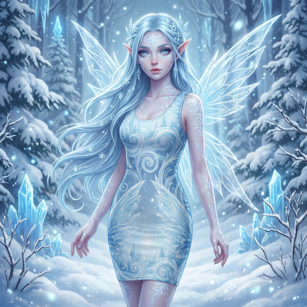 Winter-Feenflügel-Kleid | Frost-Filigran-Damast-Druck | Fairycore Bodycon-Kleid