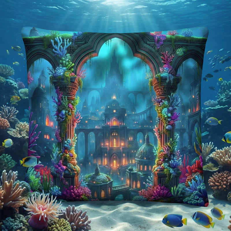 Atlantis Undersea Palace Throw Pillow | Ocean Fantasy Decor | Linen-Feel Cushion