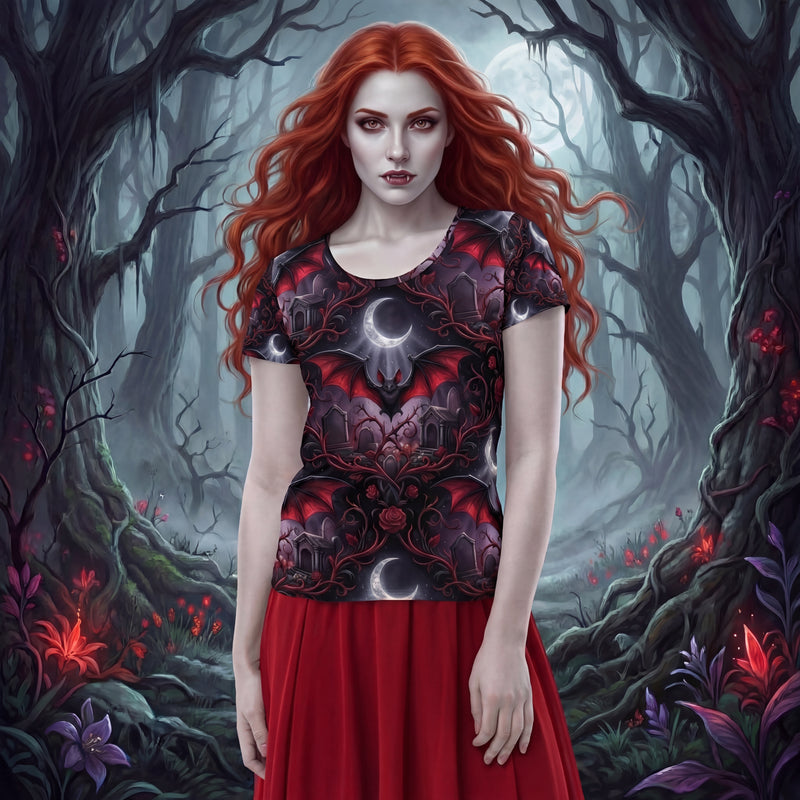 Vampire Bat Athletic Tee | Gothic Graveyard Damask Print | Woman's Athletic Sports Shirt
