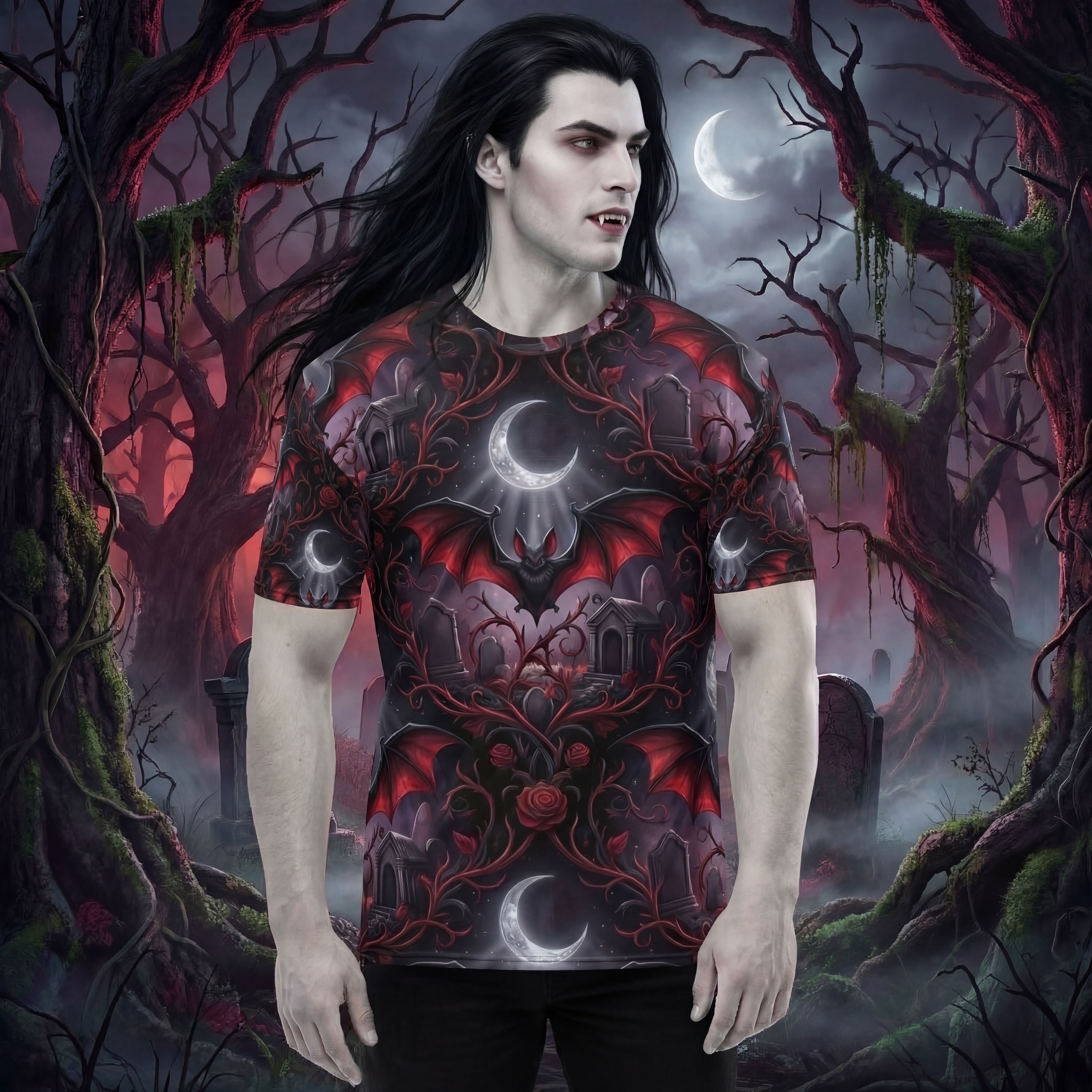 Fledermaus-T-Shirt | Gothic-Friedhof-Damaszener-Druck | Herren-T-Shirt mit Allover-Grafik
