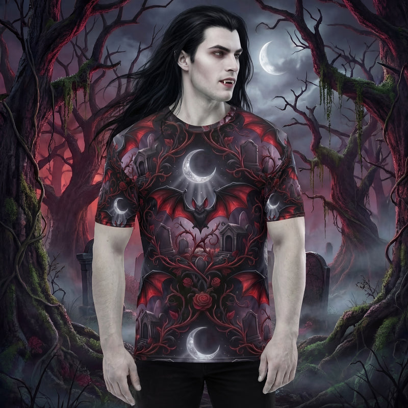 Vampire Bat T-shirt | Gothic Graveyard Damask Print | Men's All-Over Graphic Tee