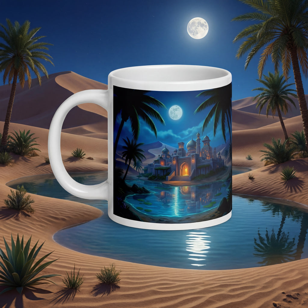 Mondbeschienener Arabischer Oasen Keramikbecher | Wüstenpalast Nachtszene | Kaffeetasse