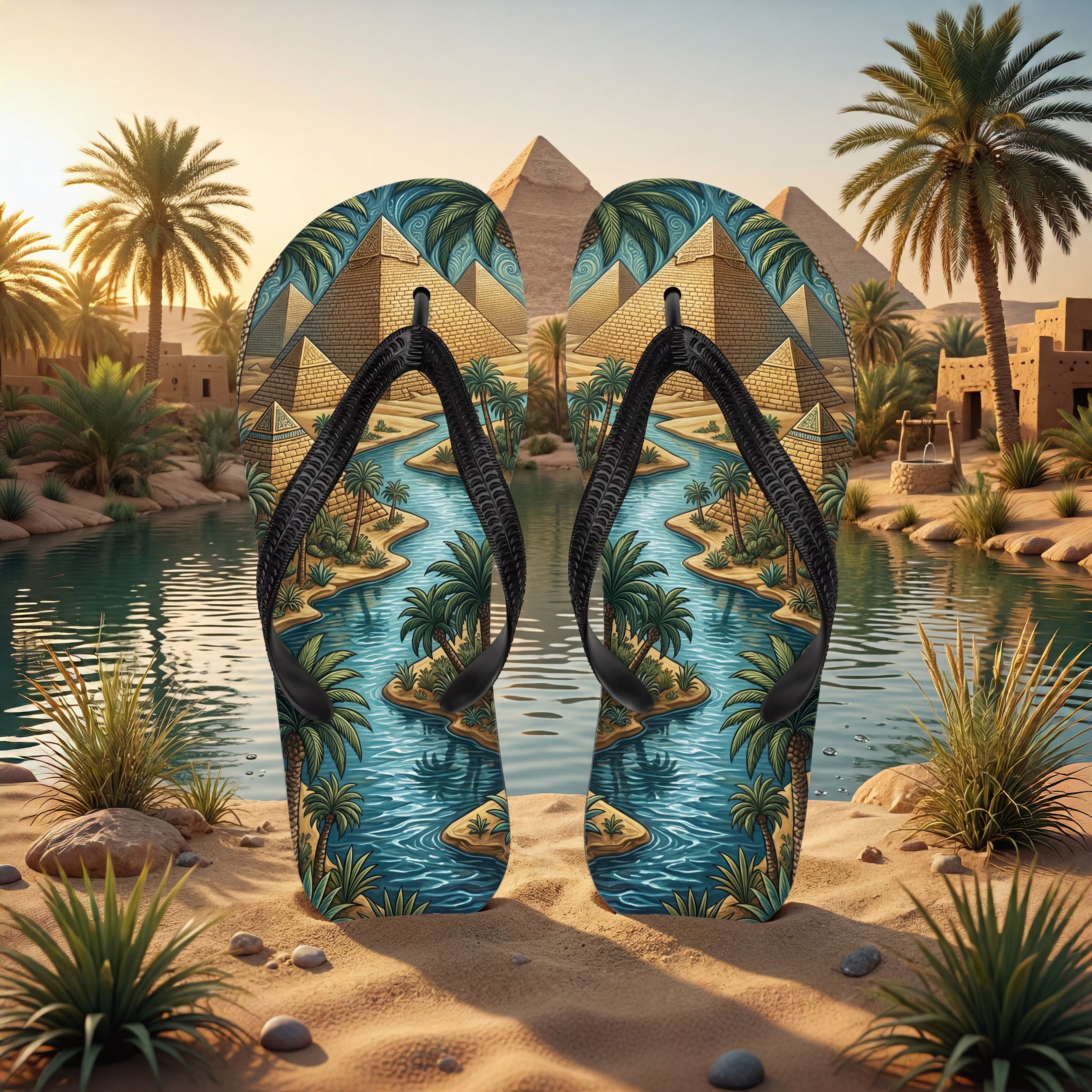 Ancient Egyptian Flip Flops | Pyramid & Nile River Sublimation Sandals
