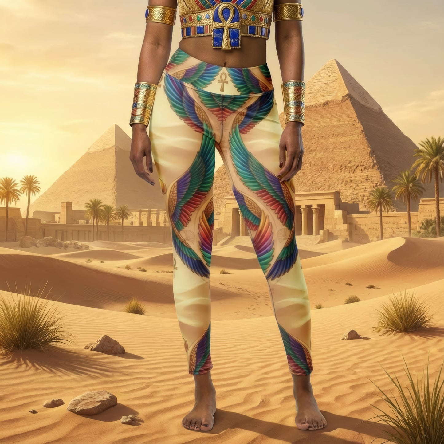 Ancient Egypt Yoga Leggings | Feather Wings + Sand Dune Pattern | High-Waisted Activewear