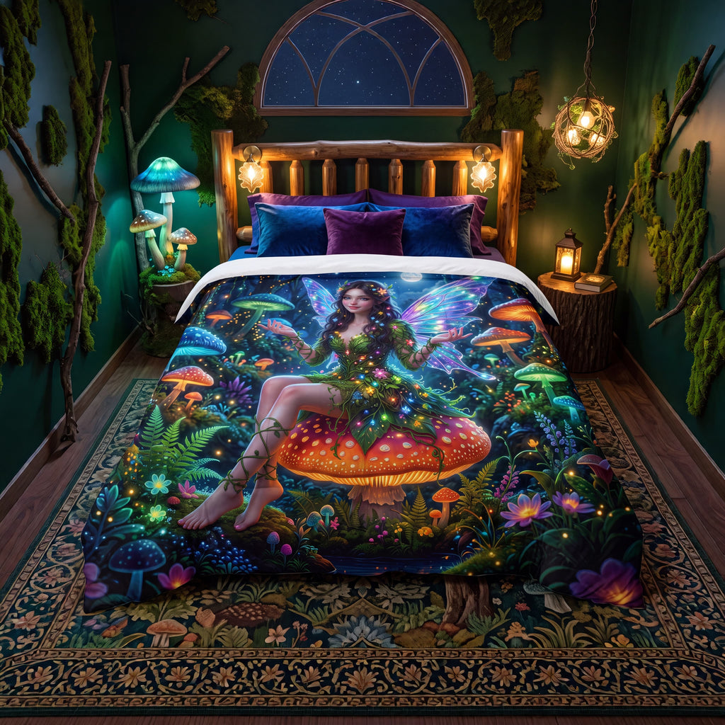 SUBLIMATION Enchanted Mushroom Fairy Comforter | Moonlit Fantasy Forest Bedding