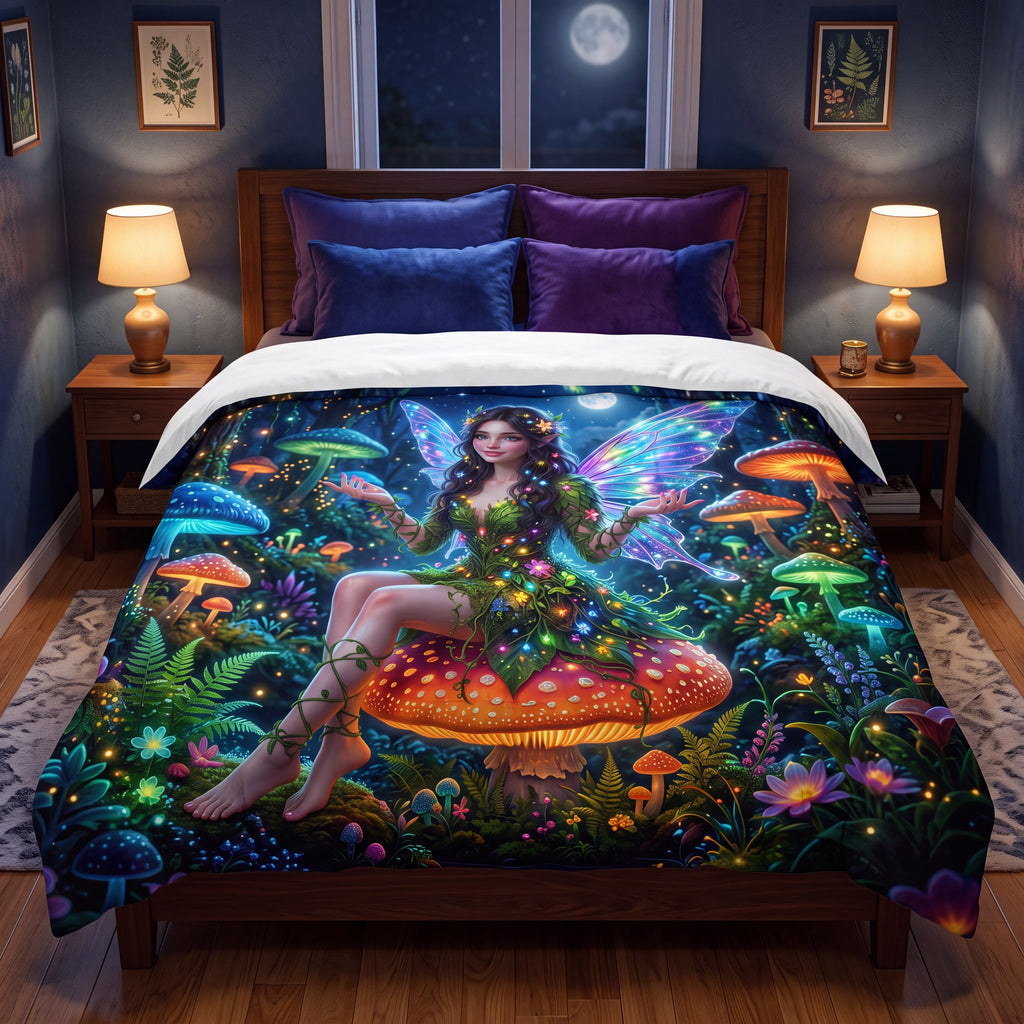 SUBLIMATION Enchanted Mushroom Fairy Comforter | Moonlit Fantasy Forest Bedding
