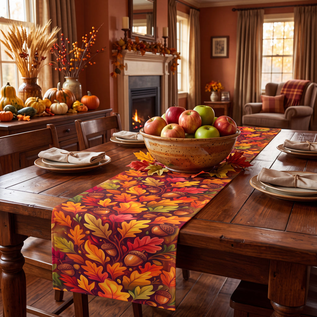 Fall Table Runner – Autumn Leaves & Acorns Table Decor