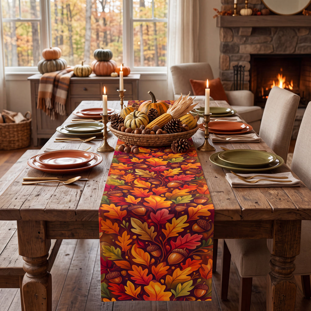 Fall Table Runner – Autumn Leaves & Acorns Table Decor