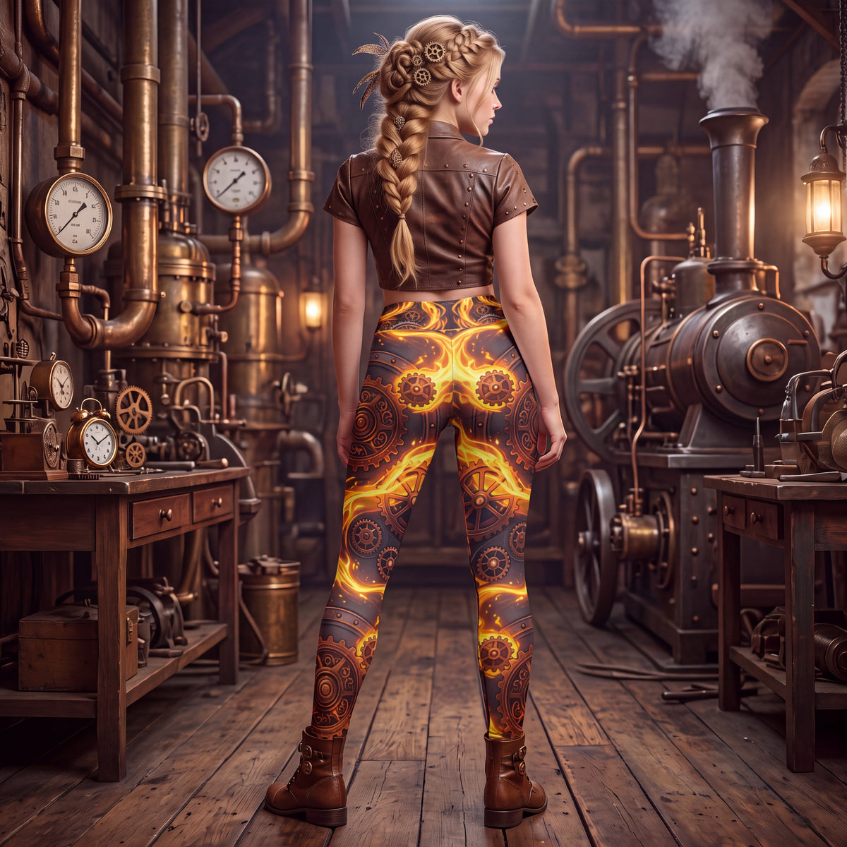 Fiery Clockwork Steampunk Yoga Leggings – Orange Gear Fantasy Activewear