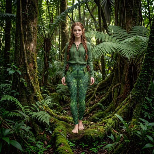 Forest Elf Yoga Leggings | Magical Green Leaves | High-Waisted Activewear