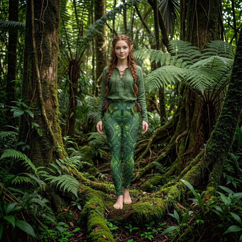 CUT-SEW Forest Elf Yoga Leggings | Magical Green Leaves | High-Waisted Activewear