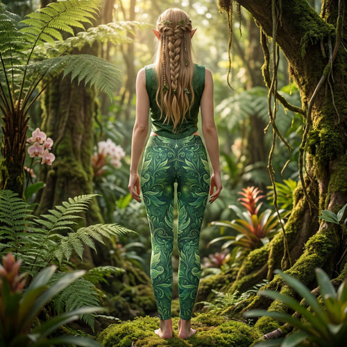 CUT-SEW Forest Elf Yoga Leggings | Magical Green Leaves | High-Waisted Activewear