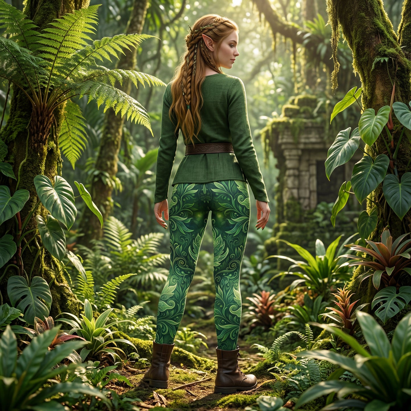 Forest Elf Yoga Leggings | Magical Green Leaves | High-Waisted Activewear