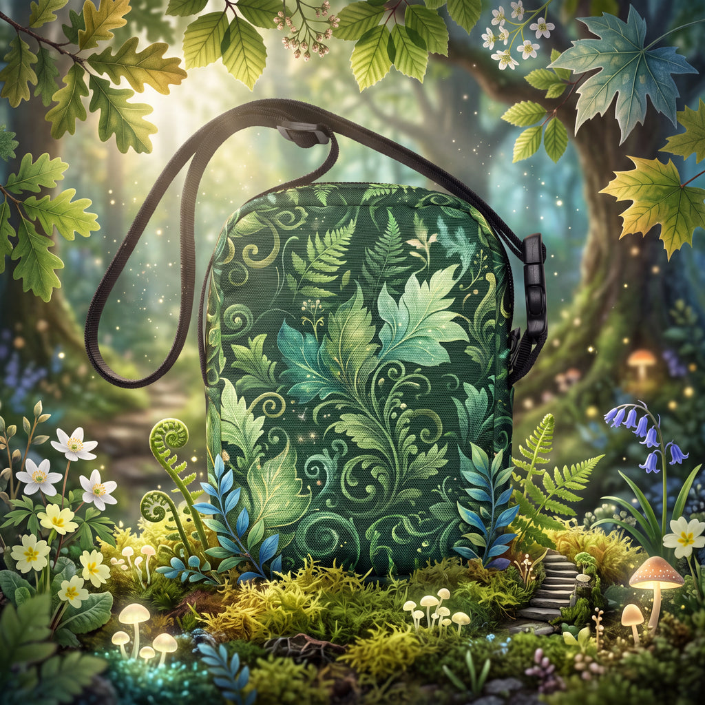 Forest Elf Utility Crossbody Bag – Enchanted Green Leaf & Vine Pattern