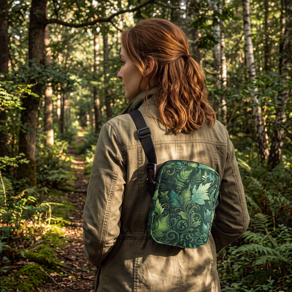 Forest Elf Utility Crossbody Bag – Enchanted Green Leaf & Vine Pattern