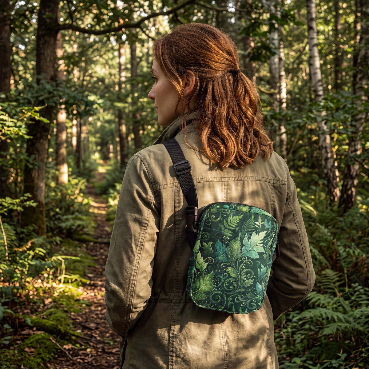 Forest Elf Utility Crossbody Bag – Enchanted Green Leaf & Vine Pattern