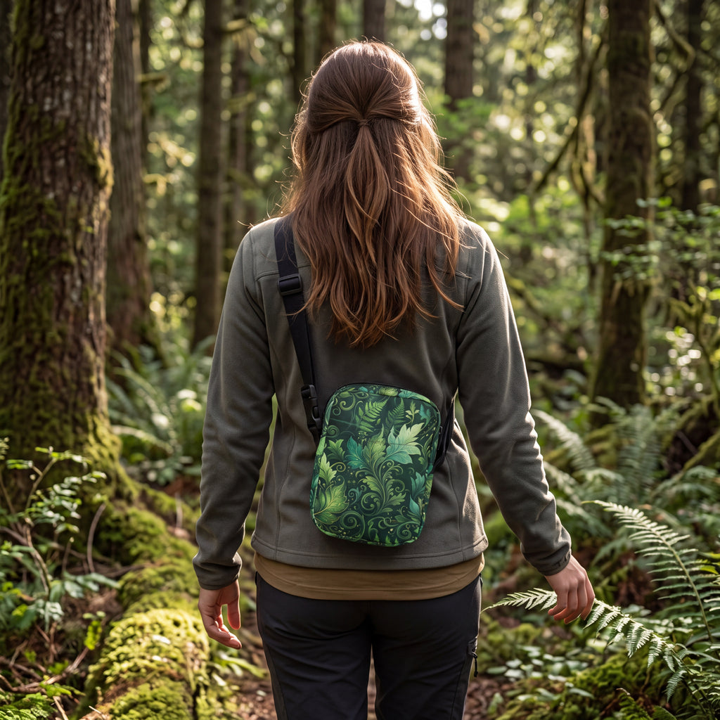Forest Elf Utility Crossbody Bag – Enchanted Green Leaf & Vine Pattern