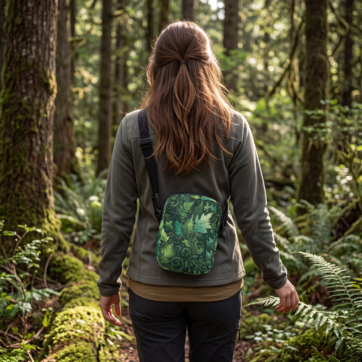 Forest Elf Utility Crossbody Bag – Enchanted Green Leaf & Vine Pattern