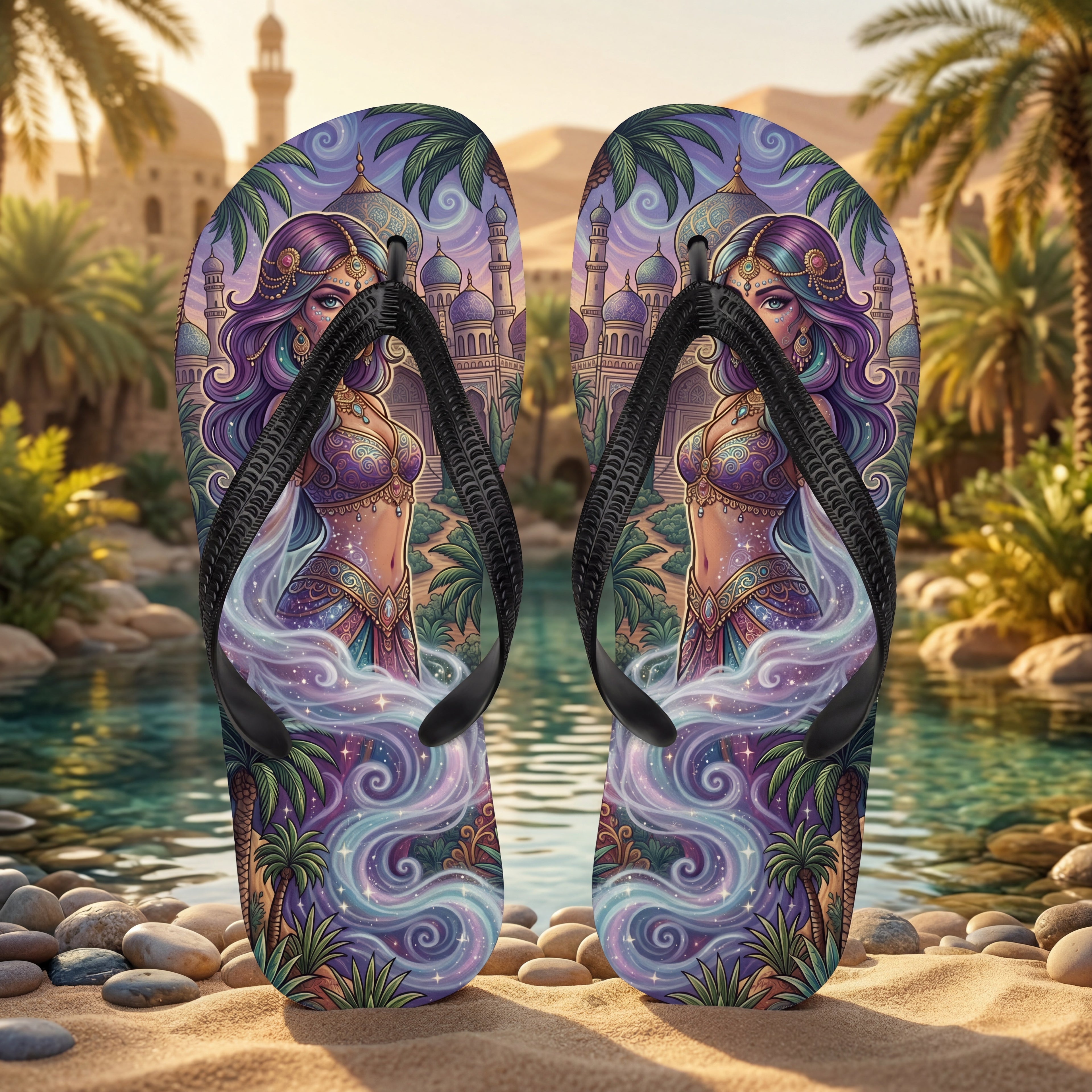 Magische Fantasy Flip Flops | Arabische Dschinni-Mädchen & Verzauberter Palast Sandalen