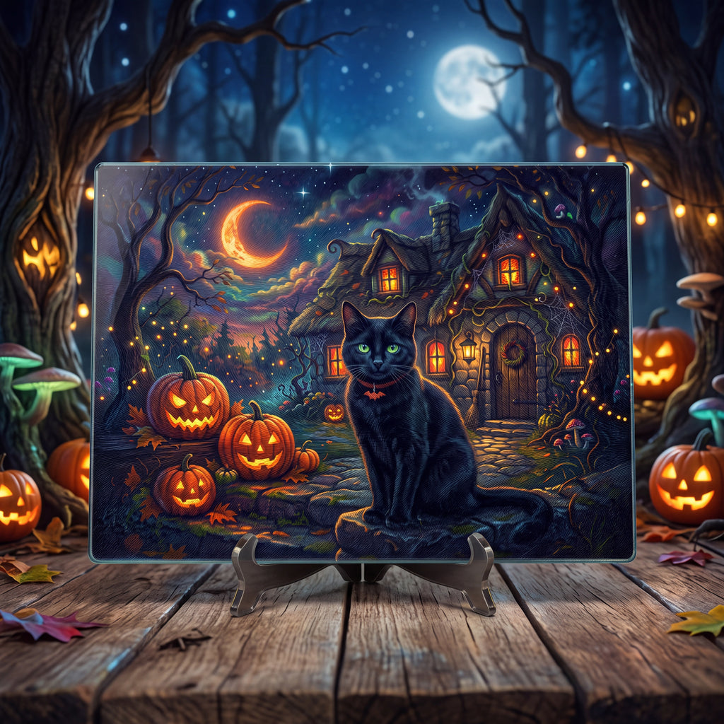 Halloween Black Cat Glass Cutting Board – Pumpkin Cottage Kitchen Decor (2 Sizes)