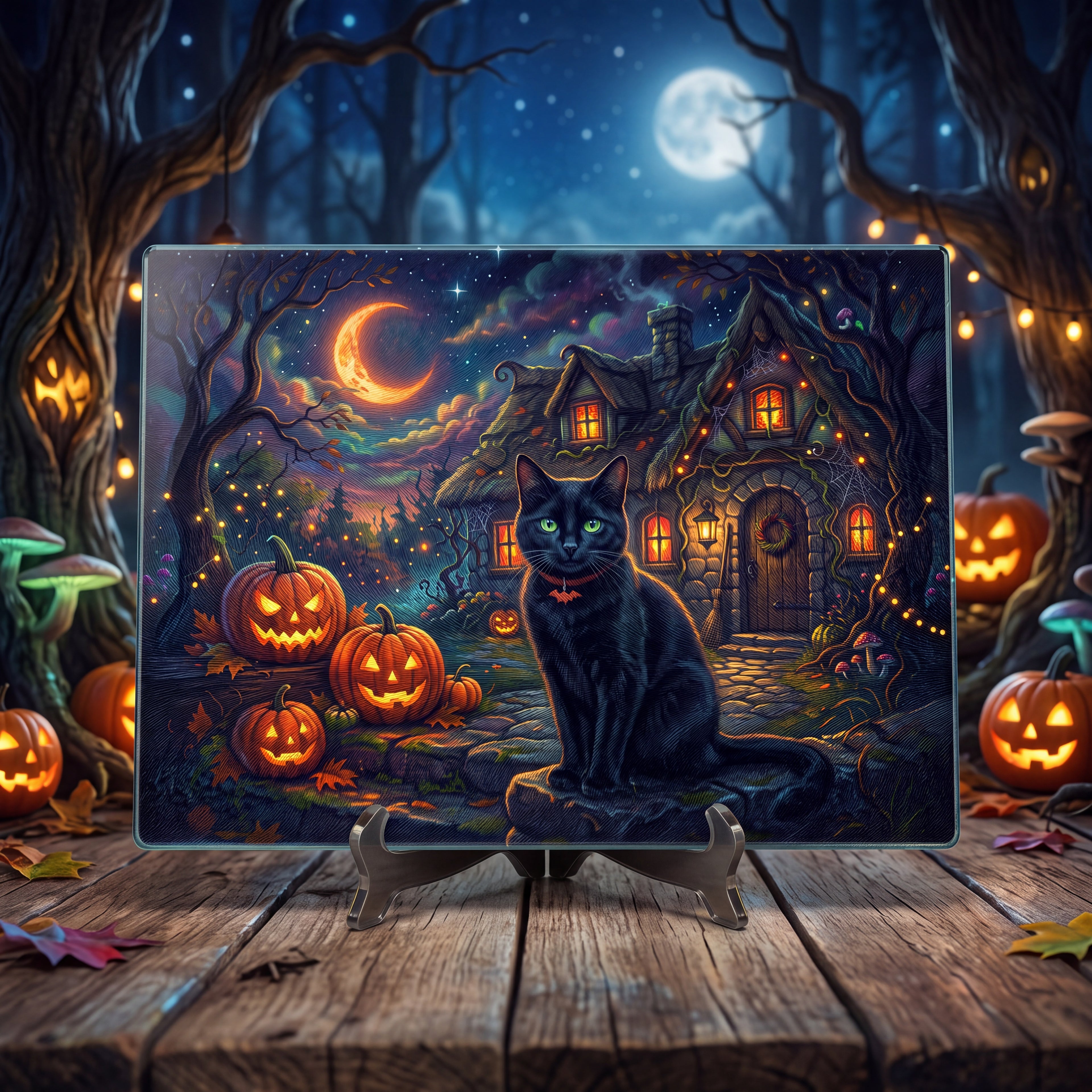 Halloween Black Cat Glass Cutting Board – Pumpkin Cottage Kitchen Decor (2 Sizes)