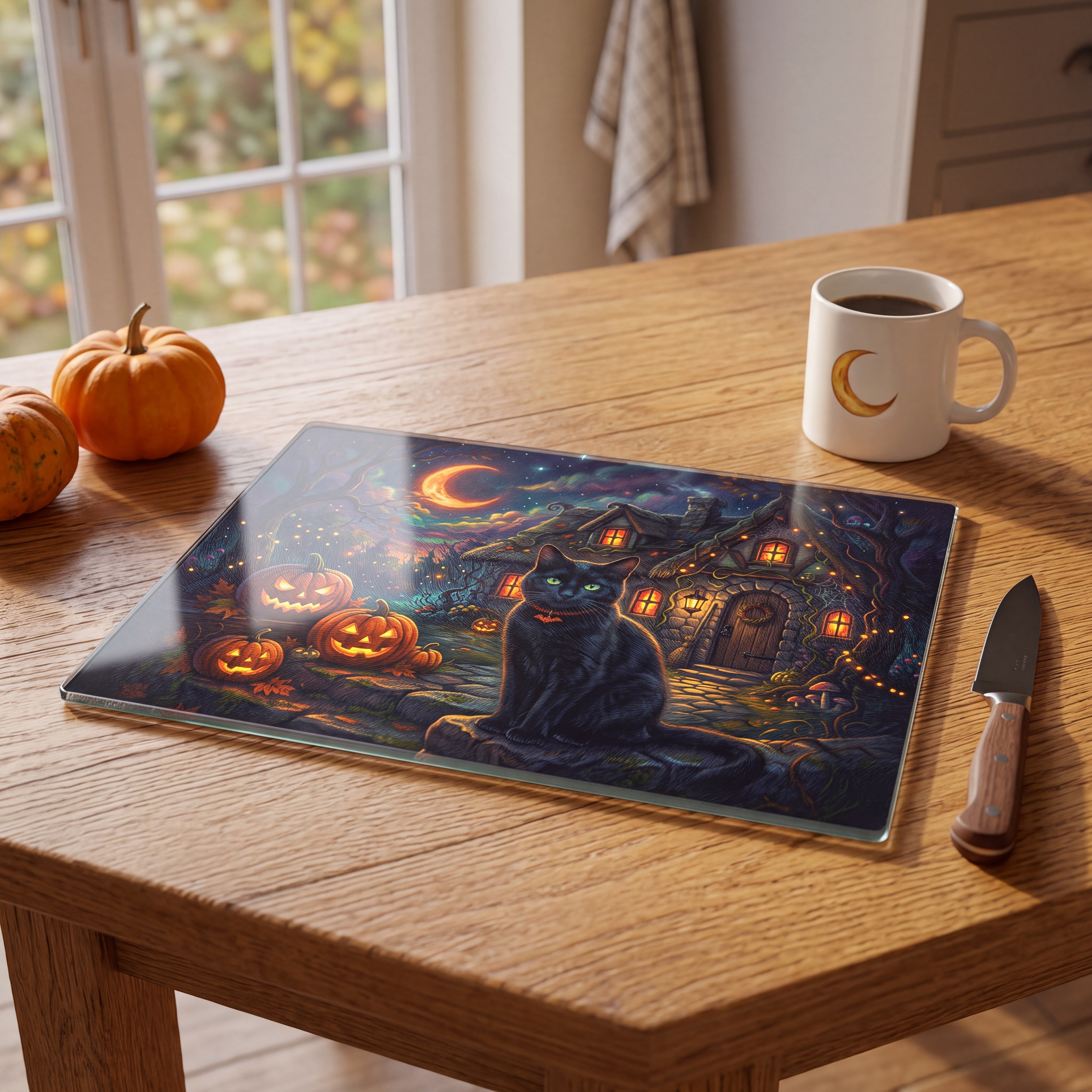 Halloween Black Cat Glass Cutting Board – Pumpkin Cottage Kitchen Decor (2 Sizes)