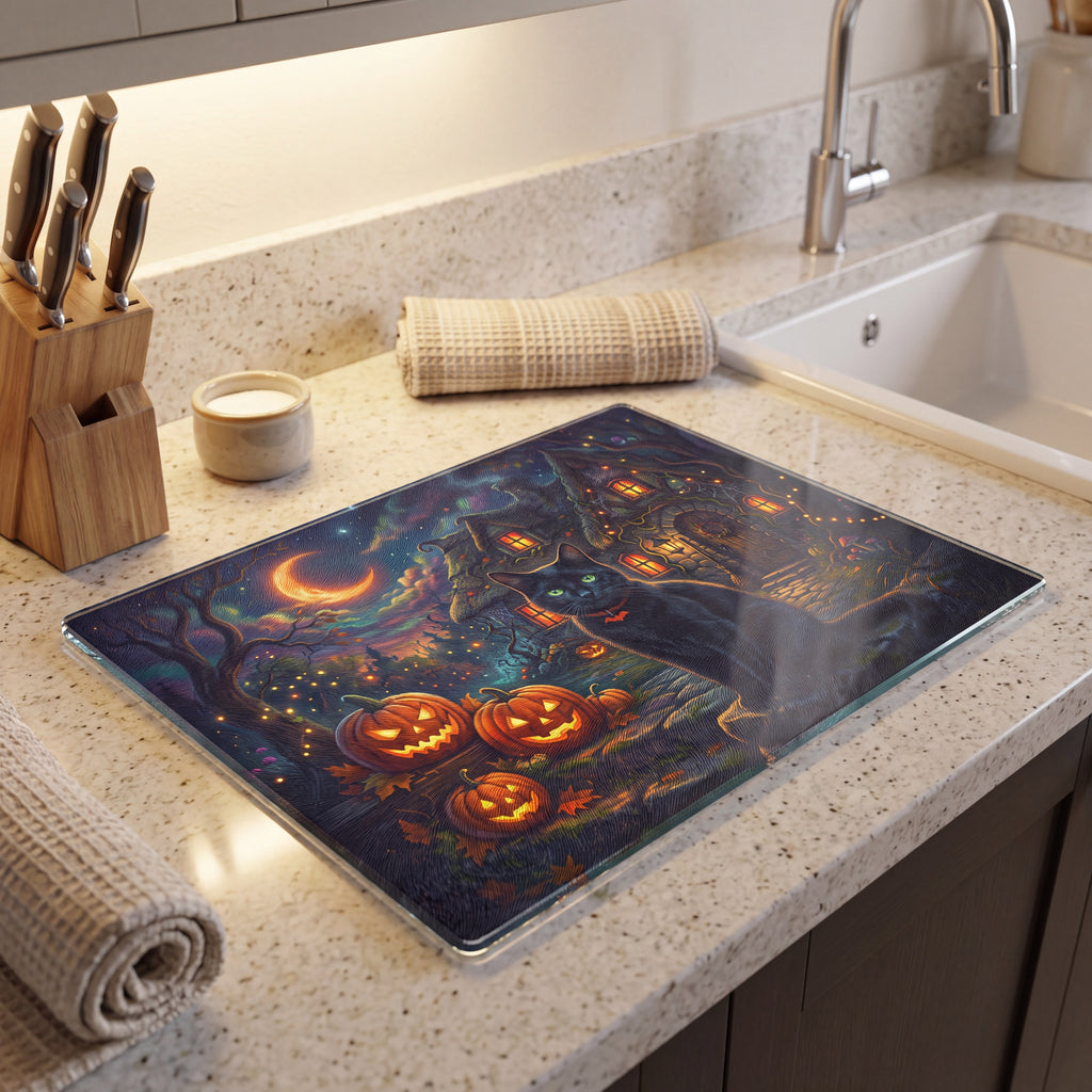 Halloween Black Cat Glass Cutting Board – Pumpkin Cottage Kitchen Decor (2 Sizes)