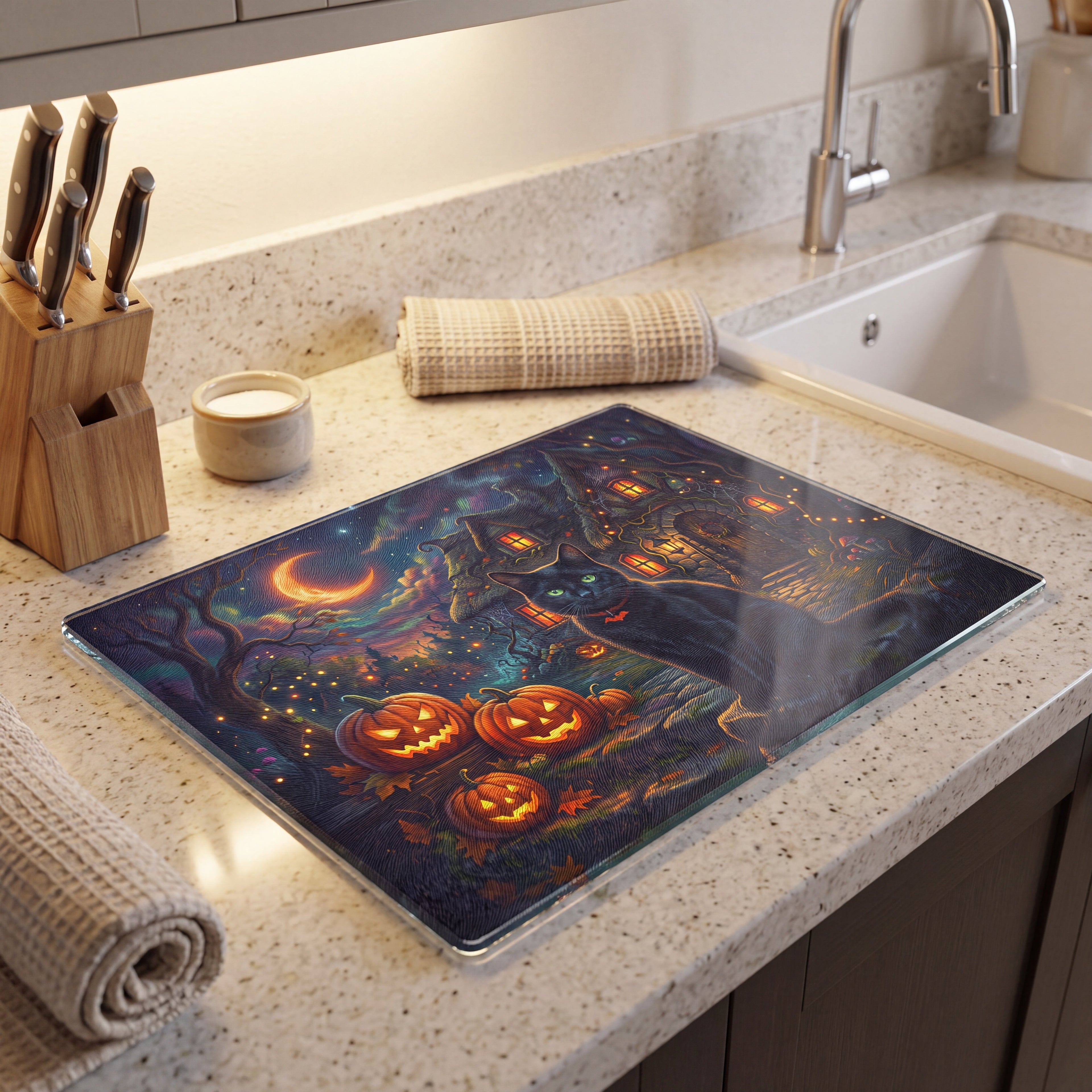 Halloween Black Cat Glass Cutting Board – Pumpkin Cottage Kitchen Decor (2 Sizes)