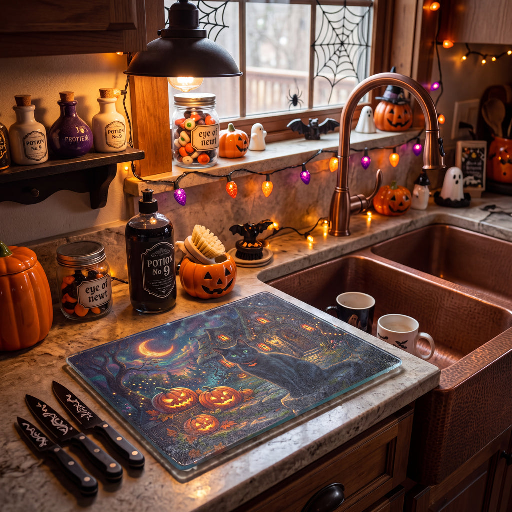 Halloween Black Cat Glass Cutting Board – Pumpkin Cottage Kitchen Decor (2 Sizes)