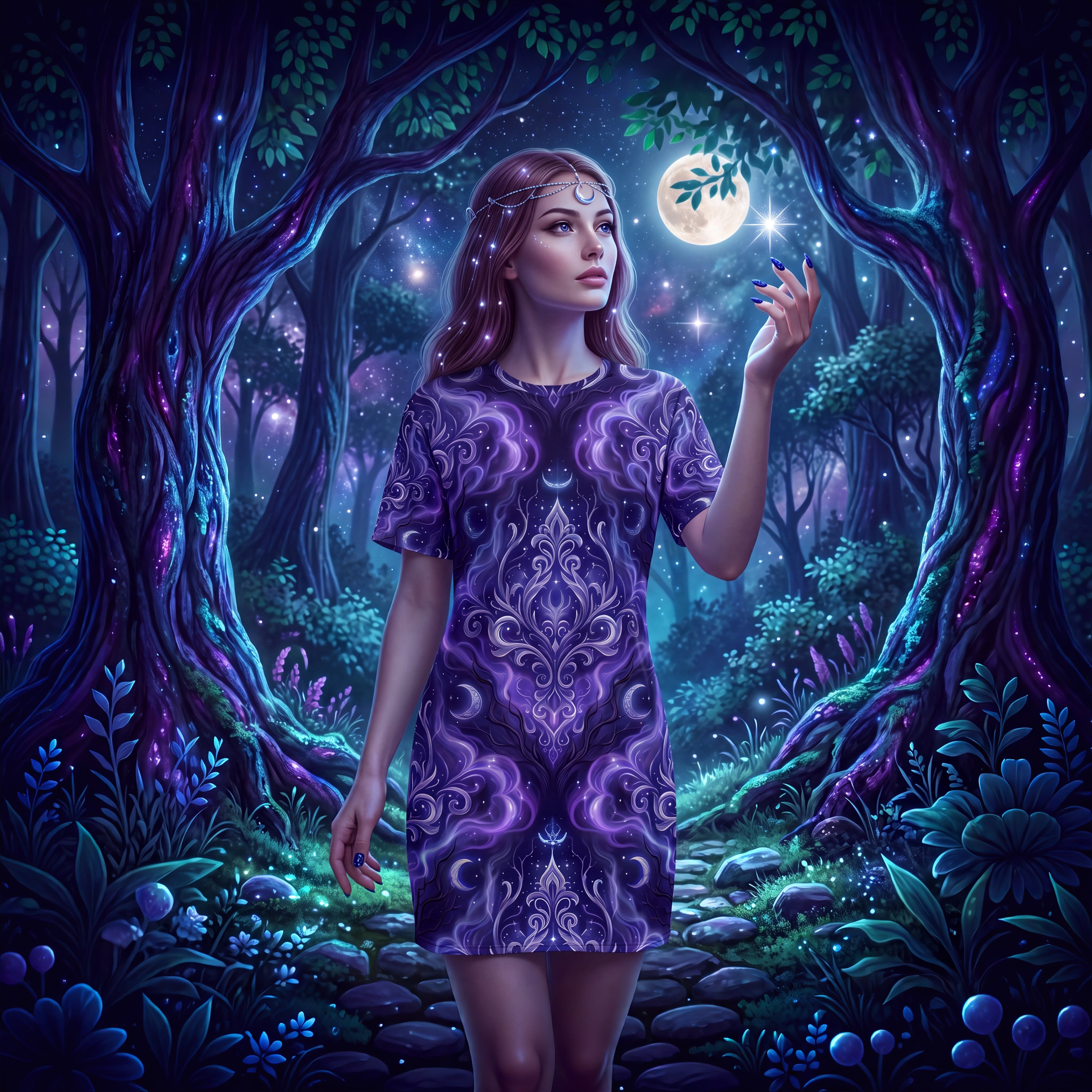 Celestial T-Shirt Dress | Purple Moon and Stars Oversized Dress