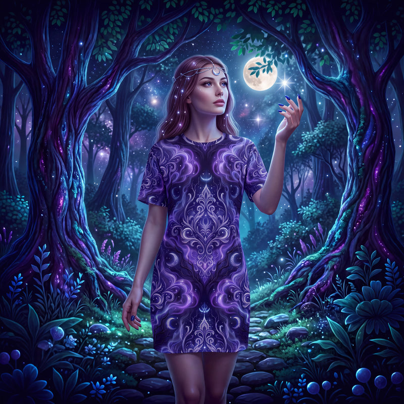 CUT-SEW Celestial T-Shirt Dress | Purple Moon and Stars Oversized Dress