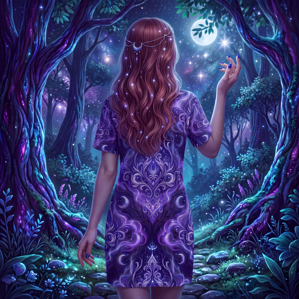 Celestial T-Shirt Dress | Purple Moon and Stars Oversized Dress