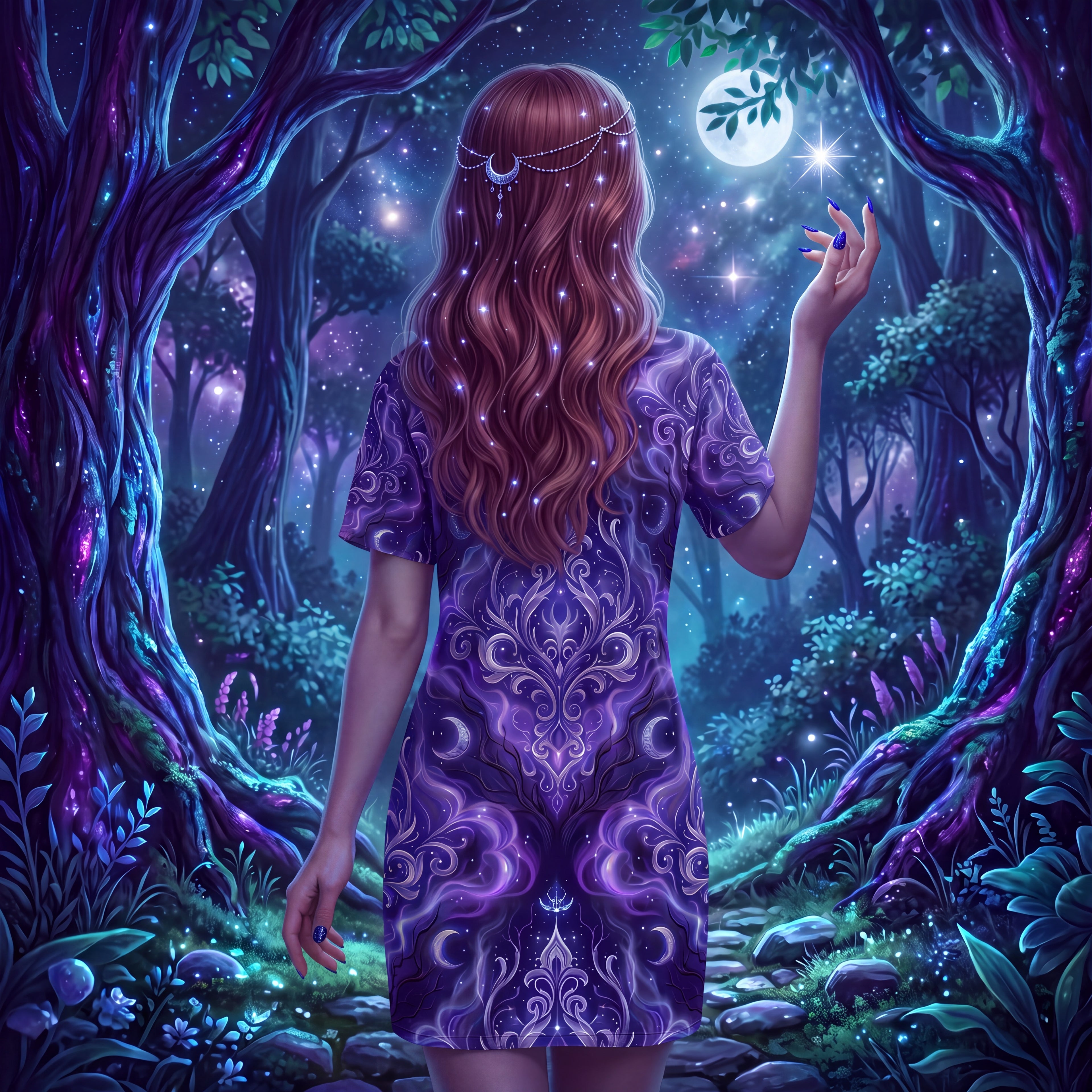Celestial T-Shirt Dress | Purple Moon and Stars Oversized Dress