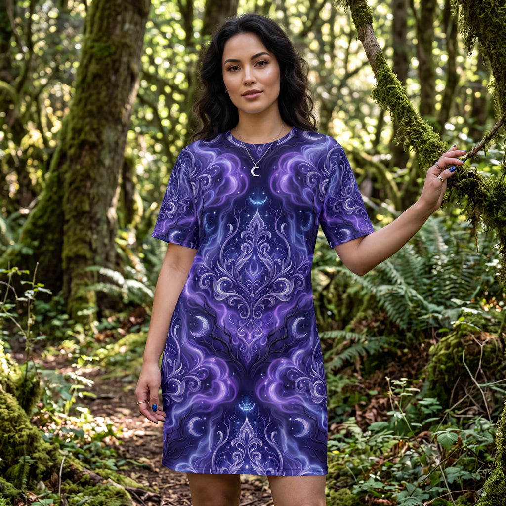Celestial T-Shirt Dress | Purple Moon and Stars Oversized Dress