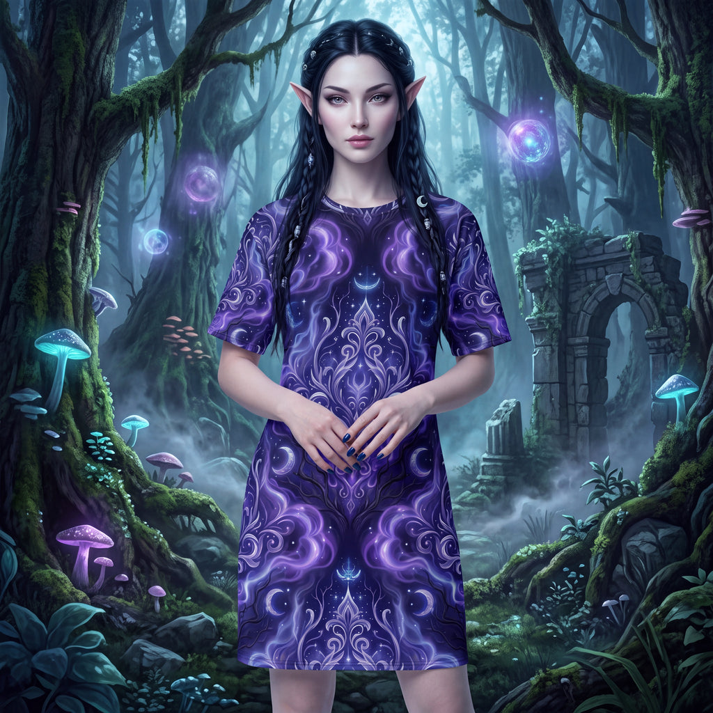 Celestial T-Shirt Dress | Purple Moon and Stars Oversized Dress