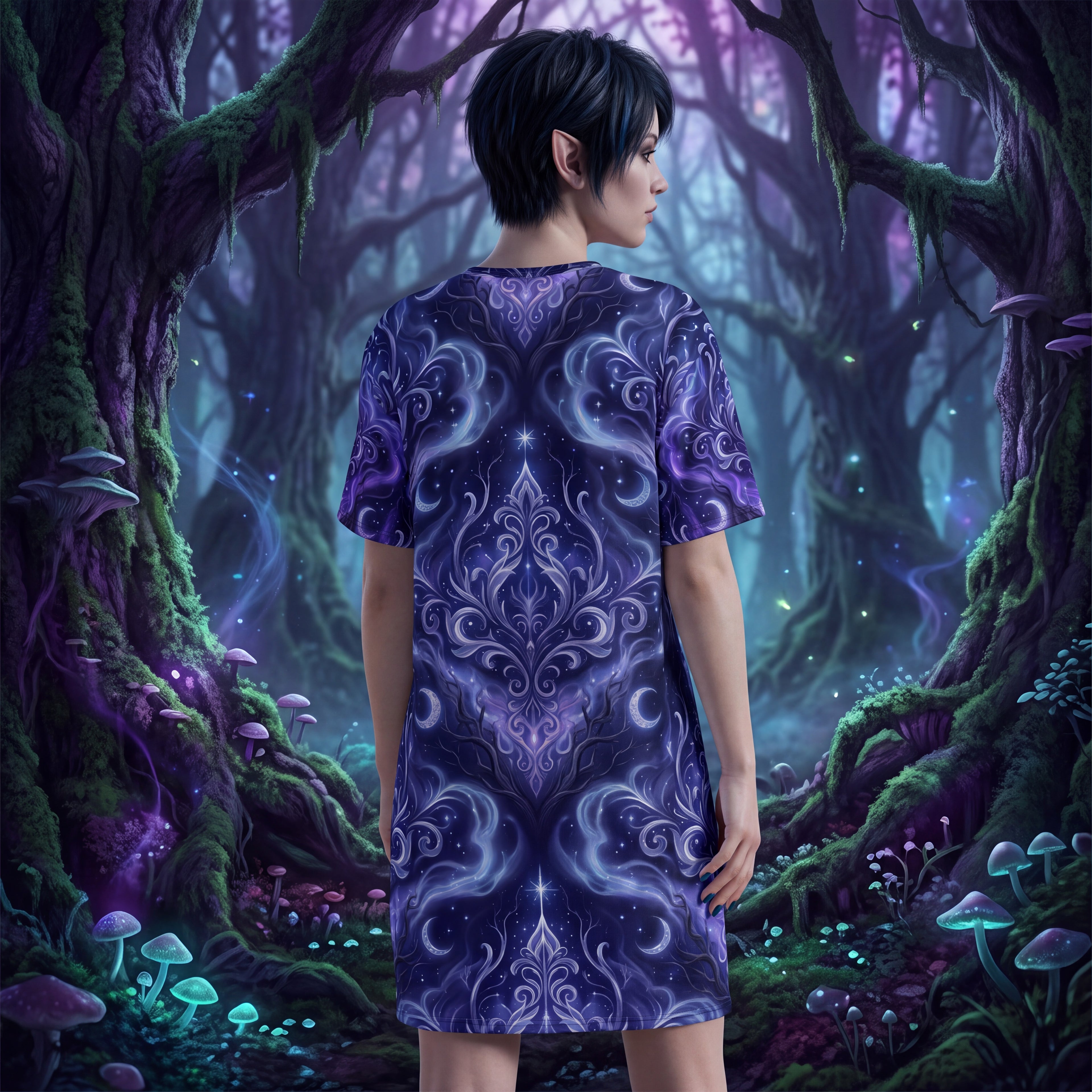 Celestial T-Shirt Dress | Purple Moon and Stars Oversized Dress