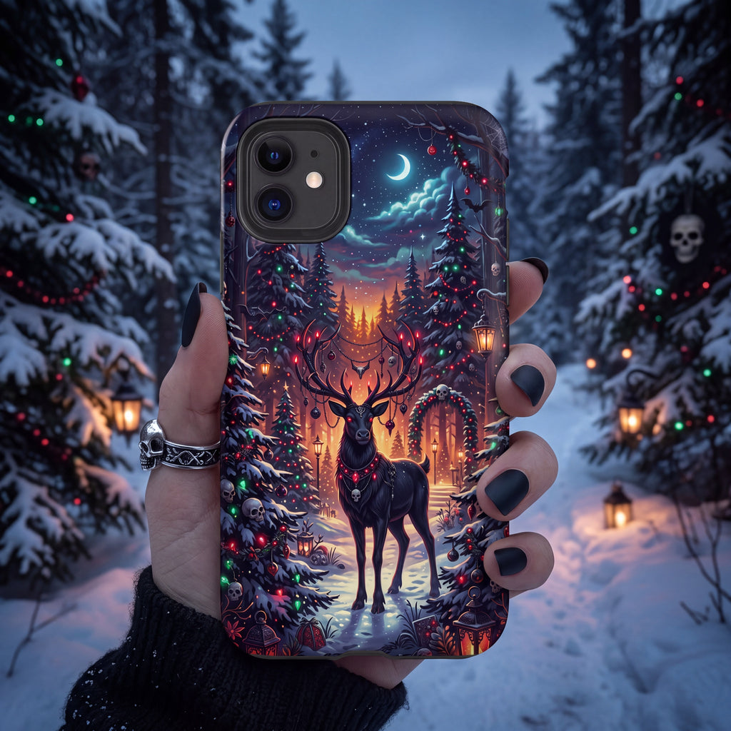Gothmas Reindeer iPhone Case – Gothic Christmas Forest with Skulls & Holiday Lights