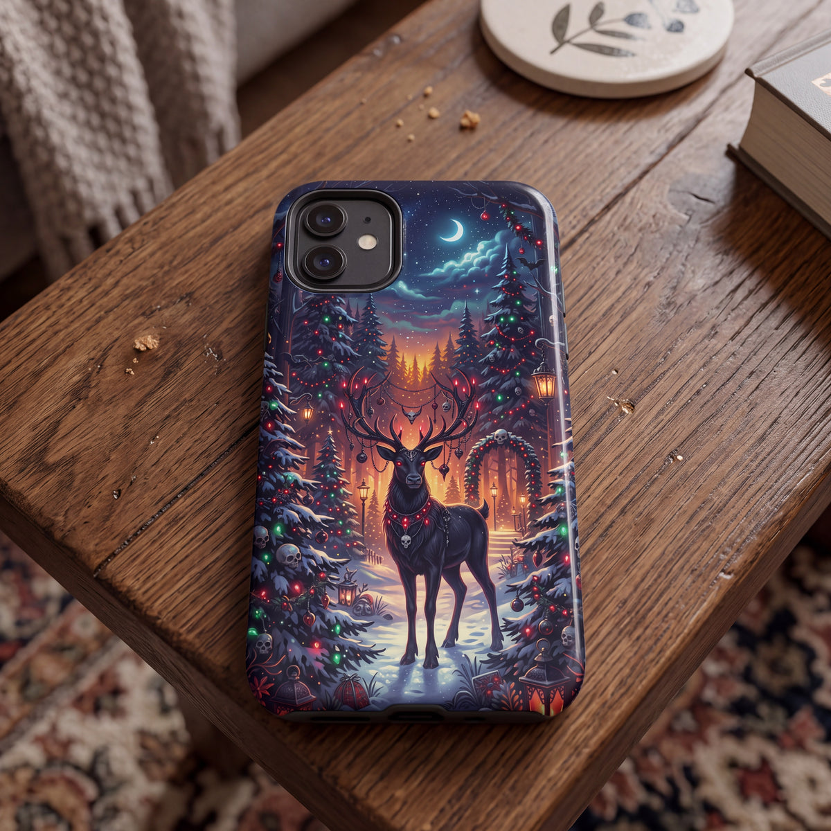 Gothmas Reindeer iPhone Case – Gothic Christmas Forest with Skulls & Holiday Lights