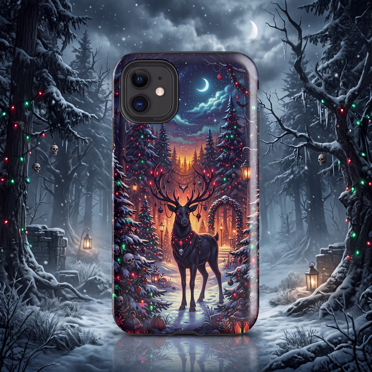 Gothmas Reindeer iPhone Case – Gothic Christmas Forest with Skulls & Holiday Lights