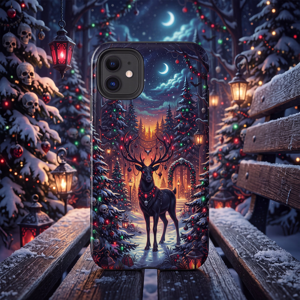 Gothmas Reindeer iPhone Case – Gothic Christmas Forest with Skulls & Holiday Lights