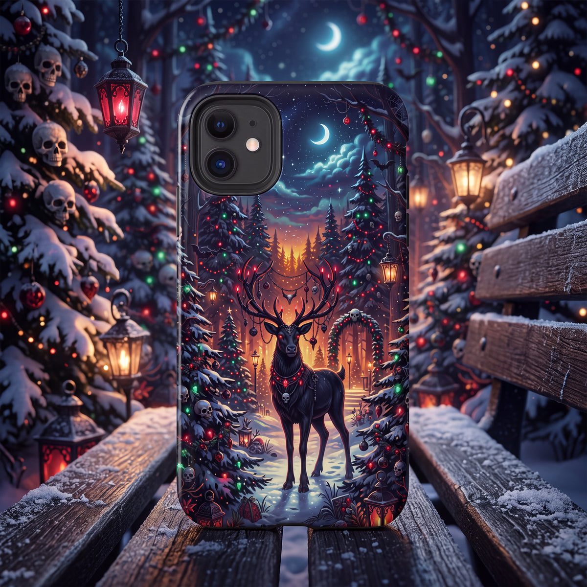 Gothmas Reindeer iPhone Case – Gothic Christmas Forest with Skulls & Holiday Lights
