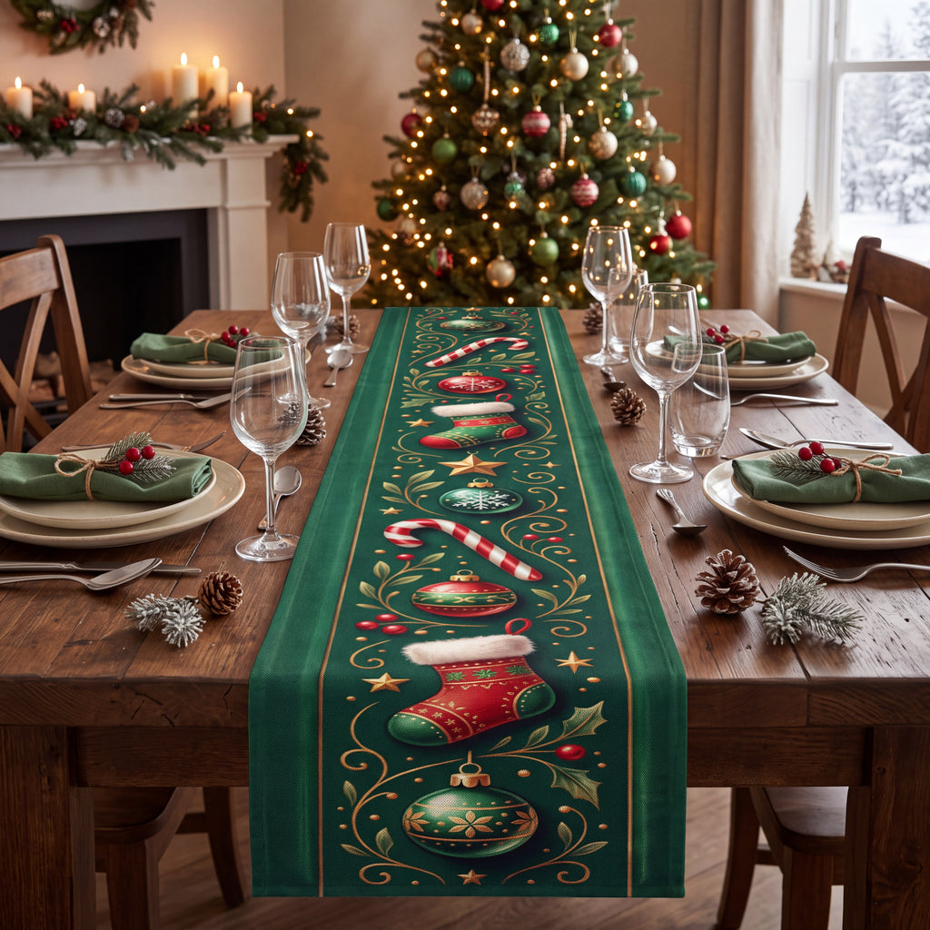 Green Christmas Candy Cane Table Runner – Stockings, Ornaments & Traditional Holiday Table Decor