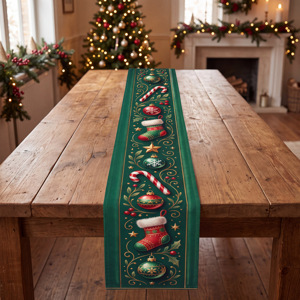Green Christmas Candy Cane Table Runner – Stockings, Ornaments & Traditional Holiday Table Decor