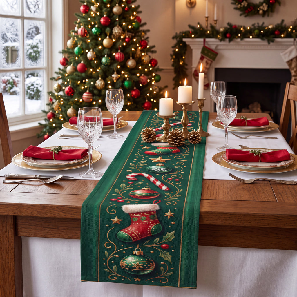 Green Christmas Candy Cane Table Runner – Stockings, Ornaments & Traditional Holiday Table Decor