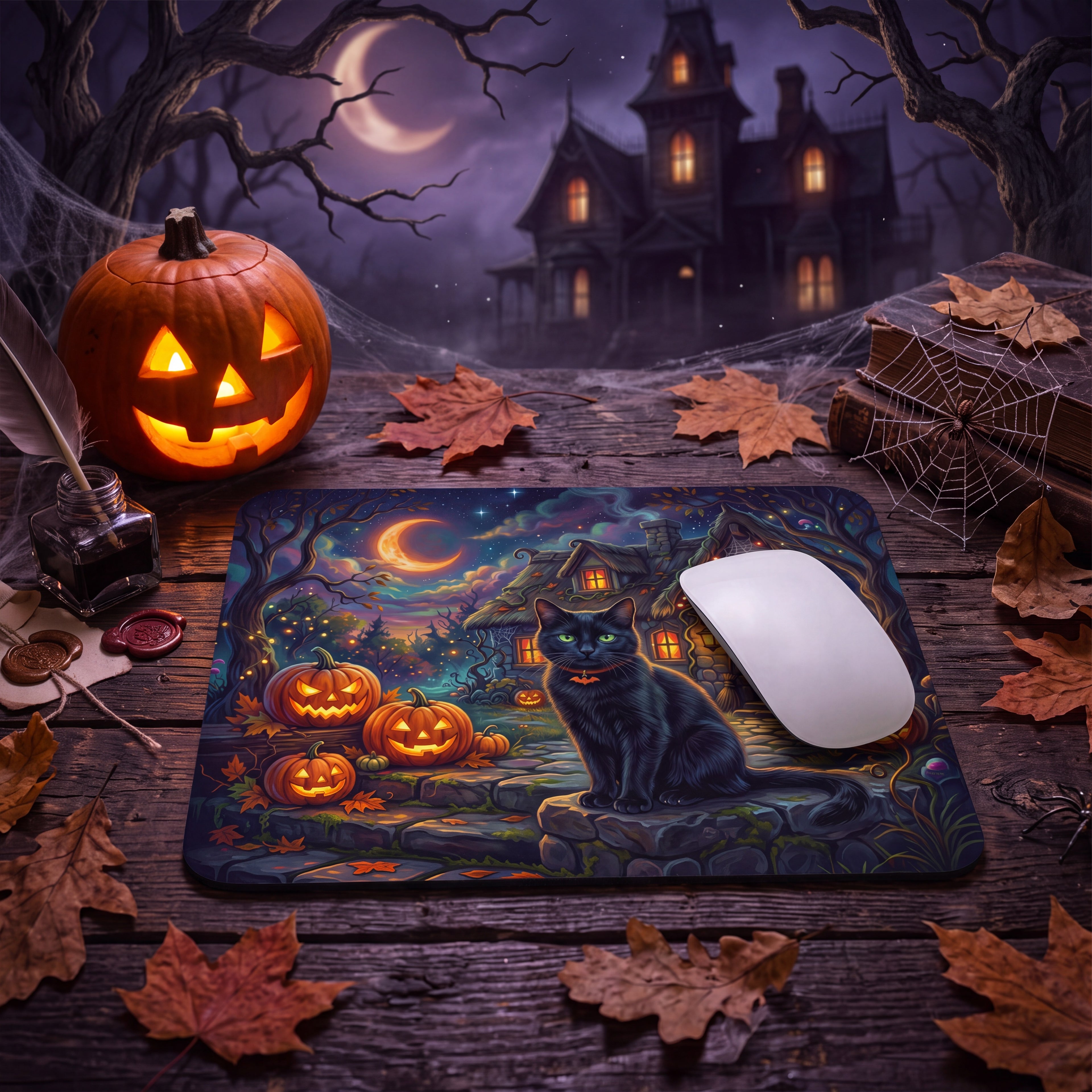 Halloween Black Cat Mouse Pad – Spooky Pumpkin Cottage Desk Decor