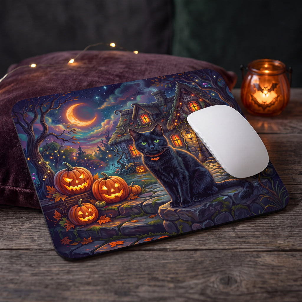 Halloween Black Cat Mouse Pad – Spooky Pumpkin Cottage Desk Decor