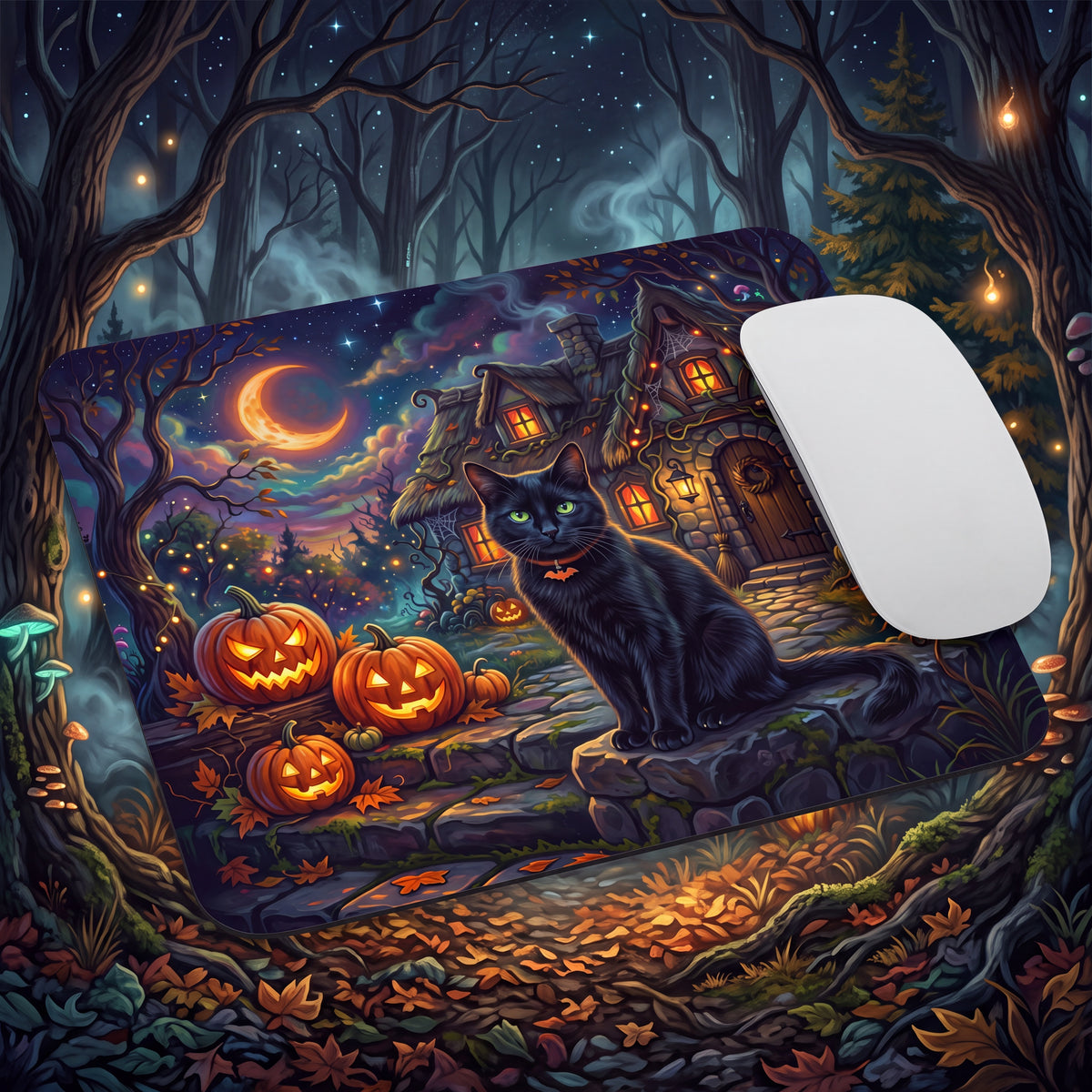 Halloween Black Cat Mouse Pad – Spooky Pumpkin Cottage Desk Decor