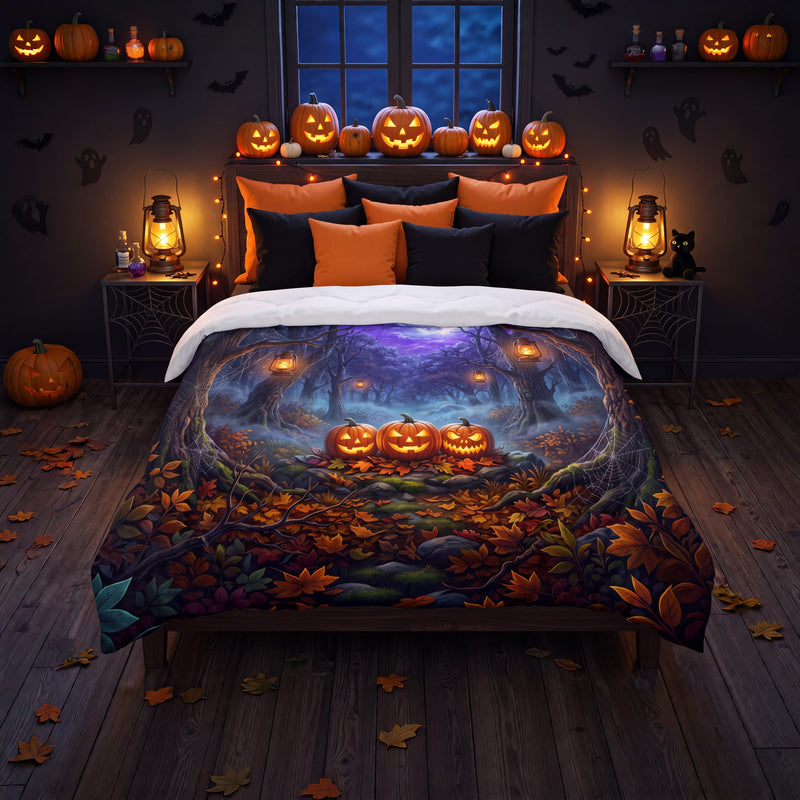 SUBLIMATION Halloween Comforter | Moonlit Forest Jack-o’-Lantern Bedding