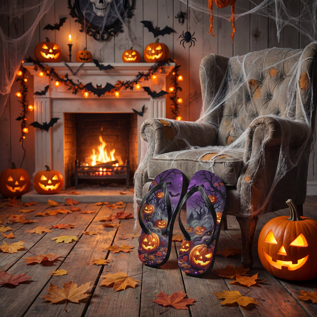Halloween Flip-Flops | Gothic Herbst-Kürbis-Sandalen | Gruselsaison-Schuhwerk