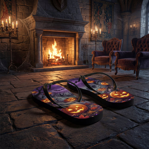 Halloween Flip Flops | Gothic Autumn Pumpkin Sandals | Spooky Season Footwear